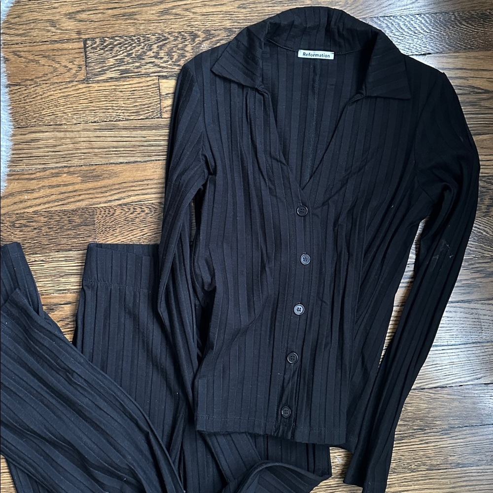 Reformation Black Ribbed Button-Down Shirt and Pants set